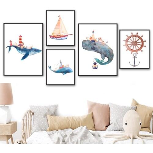 Whale Sailboat Lighthouse Nautical Sea Cartoons Wall Art Canvas Painting Nordic Posters And Prints Wall Pictures Kids Room Decor