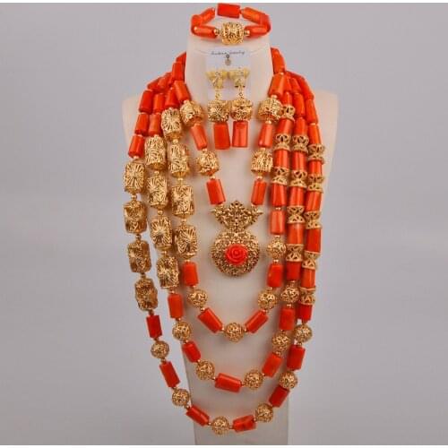 Nigerian Orange Coral Beads Women Costume Necklace African Jewelry Set Coral Bridal Set Wedding Jewelry