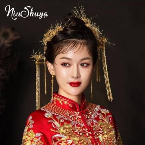 NiuShuya Traditional Chinese Bridal Headdress Beaded Costume Gold Hairpins Pearls Tassels Women Wedding Jewelry Hair Accessori