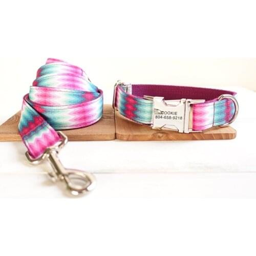 Personalized Pet Collar Customized Nameplate ID Tag Adjustable Purple Wave Peacock Cat Dog Collars Lead Leash Set