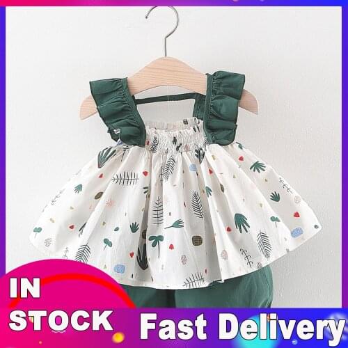 Baby Girl Clothes Suspenders Green Plants Print Dress Sleeveless Tops Shorts Outfits Set Kids Clothes Girls 10 To 12 Ropa Niña