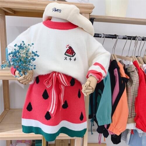Siddons two-piece dress for toddler girls with watermelon pattern cute style for school girls woolen material to keep warm