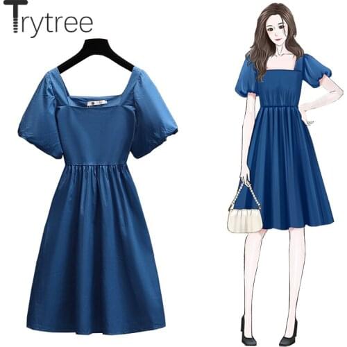 Trytree Summer Women Dress Casual Square Collar Sleeve Puff Sleeve A-line Silky Elegant Office Lady Knee-Length Solid Navy Dress