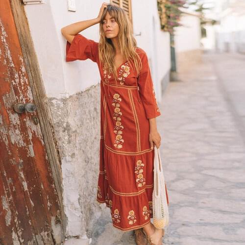 OrGyspy Boho Floral Embroidery Dress Women Clothing Vintage Hippie Chic Casual Loose V-neck Long Sleeves Cotton Dresses Vestidos