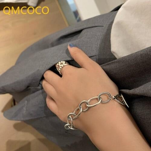 QMCOCO 925 Silver Thick Chain Twist Bracelets New Trendy Hip-Hop Vintage Charming Simple OT Buckle Rock Party Jewelry For Girl