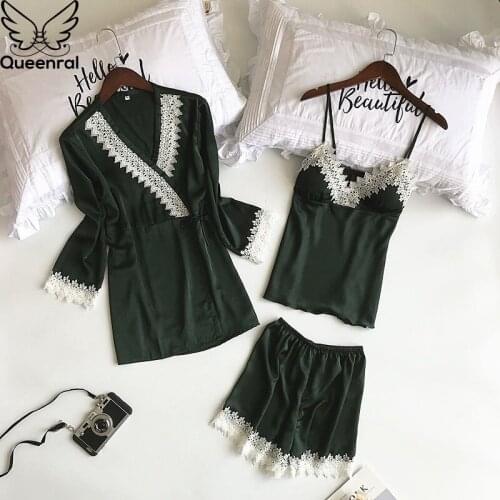 Queenral 3PCS Womens Pajamas Sets Sexy Silk Satin Pyjama Set Sleepwear Spring Home Wear Nightwear Female Sleep Lounge Pijama