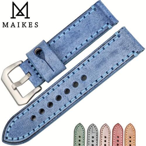 MAIKES Handmade Retro Watch Accessories Bracelet Watchband Leather Watch Strap Blue 22mm 24mm Watch Band For Panerai