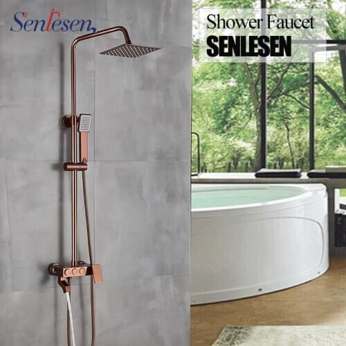 Senlesen Shower Faucet Rose Gold Wall Mounted 8" Rainfall Shower Head with Single Handle Space Aluminum Mixer Hot Cold Water
