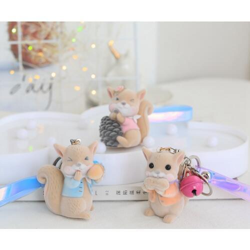 Cute Flocking Squirrel Doll Keychain Child Stuffed Toy for Women Girl Backpack School Bag Pendant Keyrings Kids Birthday Gift