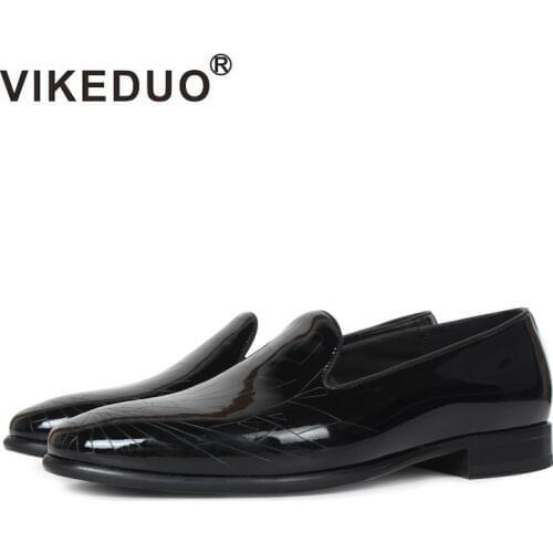 VIKEDUO Hot Black Patent Leather Loafers Shoes For Men Engraving Slip-On Mans Footwear Casual Luxury Brand Handmade Mens Shoes