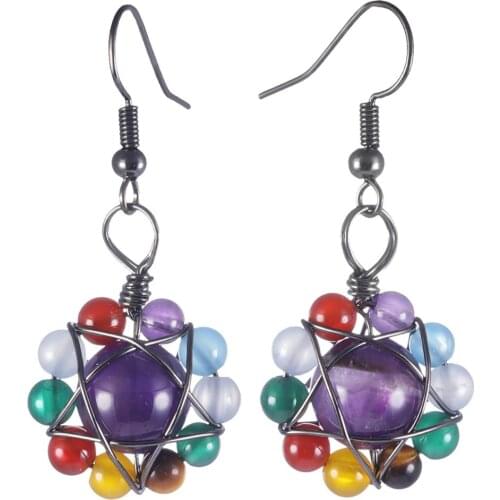 TUMBEELLUWA Crystal Gem Stone Bead Dangle Earrings for Women,Healing Chakra Crystal Drop Hook Earrings Wire Wrapped Star Jewelry