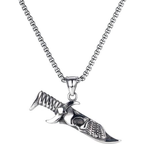 Punk Hip Hop Jewelry Vintage Stainless Steel Dagger Skeleton Men Pendant Necklace Gothic Accessories Streetwear Neck Chain Gift
