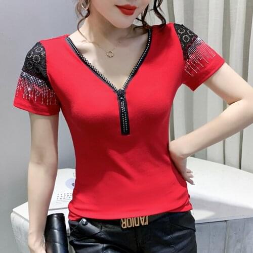 2021 New Short-sleeved Rhinestone Zipper Womens T-shirt Fashion Casual V-Neck Tops Shirt Plus Size Female Blusas