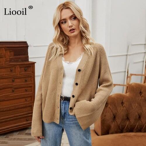Casual Knit Sweater Cardigan Woman 2020 Button Up Flare Sleeve V Neck Female Autumn Winter Clothes Khaki Knitwear And Outwears