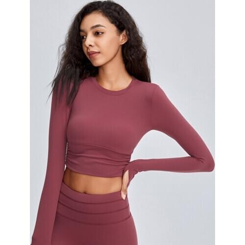 Heyyoga Women Naked Feel Yoga Gym Crop Top Pullover with Thumb Hole Slim Fit Workout Exercise Fitness Long Sleeved Crop Shirts