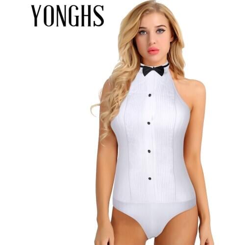 Womens Lingerie Tuxedo Shirt Bodysuit One-piece Sleeveless Haltered Neck Wing Tip Collar Backless Bodysuit with Bow Tie