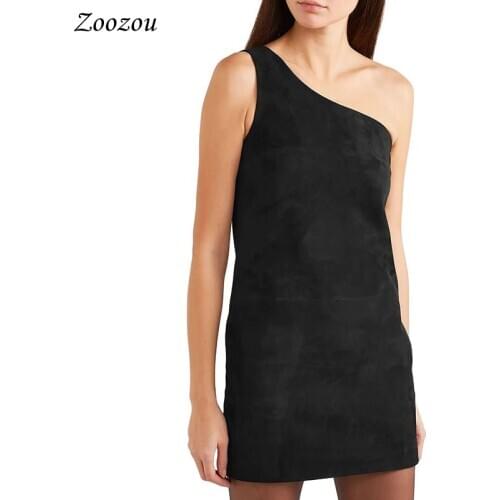 Sexy One Shoulder Suede Leather Skinny Women Dress Sleeveless Bodycon Slim Party Dress Lady Elegant Black Dress Workwear Custom