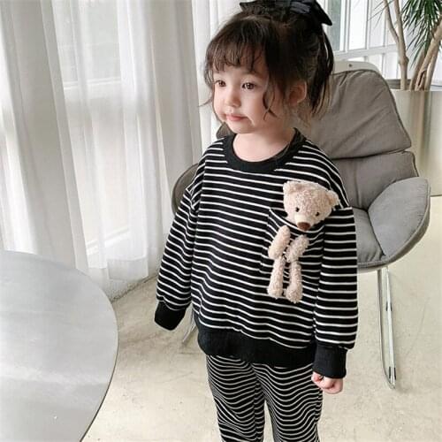 Meaning E GIRLS Suit 2020 Winter New Style Stripes Bear Decoration CHILDRENS Suit a Generation of Fat
