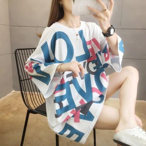 #0050 white yellow green Summer T-shirt Women letter Printed Long T-shirt Cotton Casual Streetwear Tshirt Harajuku Loose Tide