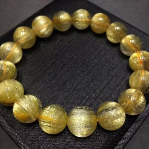 100% Natural Gold Rutilated Titanium Quartz Round Beads Bracelet 12mmFrom Brazil Women Men Stretch Crystal Certificate AAAAAA