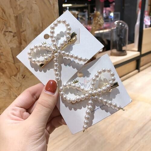 2pcs Korea Imitiation Pearl Bow-knot Hairpins Vintage Long Barrettes Hair Clips Crystal Metal Hair Accessories Hairgrip