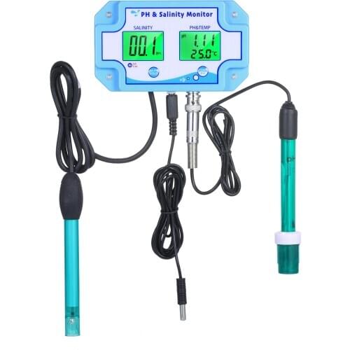 3 in1 PH/Salinity/TEMP Water Quality Monitor Multi-functional pH & Salinity Monitor Temperature Meter Dual LCD Display Backlight