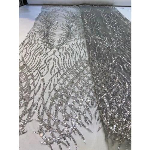 5yards/pc) High grade embroidered French net lace grey African tulle lace fabric with sequins and beads embroidery FXZ051