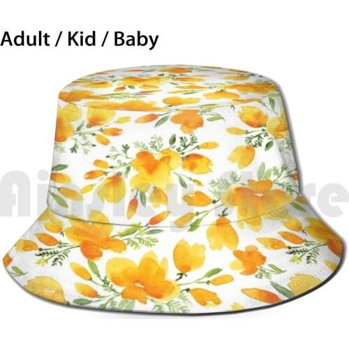 Watercolor California Poppies Pattern ( White / Orange ) Sun Hat Foldable UV Protection Clp105 Watercolor California
