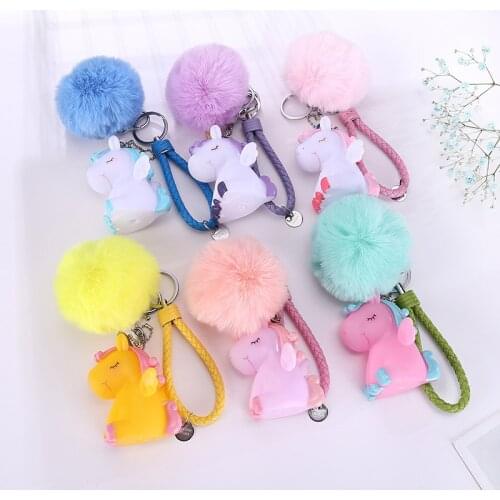 Cute Unicorn Keychain Cartoon Rubber Unicorn Plush Ball Keychains For Women Men Home Key Chain Keyring Squeeze Toys Bag Pendant