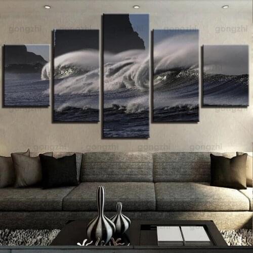 Gray Seascape Photography Turbulent Waves Frameless Home Wall Painting Modern Canvas Printing Custom 5Pcs Combination Poster