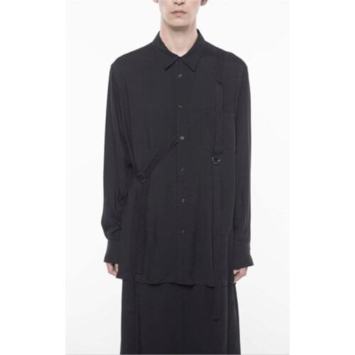 [Customized] Plus Size New fashion men youth leisure personality in the long handsome ribbon loose long sleeve shirt