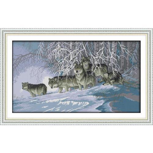 Joy SundayIce and snow 11CT 14CT Printing cloth Embroidery Cross stitch Kit Animal Wolves Jungle Winter Snow DMC Line embroidery