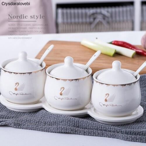 Ceramic Seasoning Jar Set Spice Box Kit Kitchen Supplies Seasoning Bottle Salt Pot Three-piece Ceramic Tray Bamboo Wood Tray