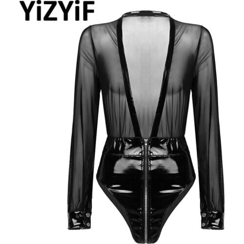 Women Sexy One-piece Bodysuit Lingerie Long Sleeves Zipper Leotard Bodysuit Sexy Sheer Mesh Patent Leather Patchwork Bodysuit