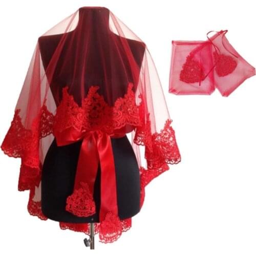 Red Guipure Bridal Veil Gloves Girdle Full Set Bridal Veil wedding marriage henna night accessory elegant lace guipure bride