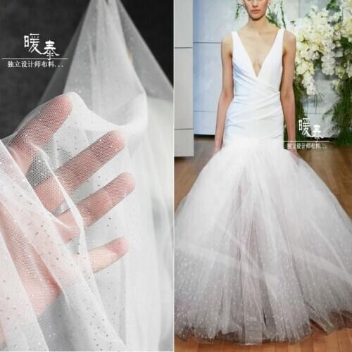 Round Dot Glitter Tulle Fabric White DIY Background Decor Perspective Stage Skirt Gown Wedding Dress Fashion Designer Fabric