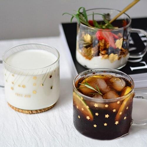 Golden Heart Star Pattern Glass Cup Mug Beer Coffee Cup with Handle Transparent Whiskey Milk Glass Cups Home Bar Drinkware L6