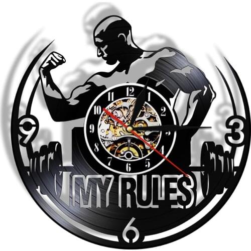 My Life My Rules Inspirational Quote Vinyl Record Wall Clock Fitness Home Decor Bodybuilding Contemporary LED Wall Hanging Watch