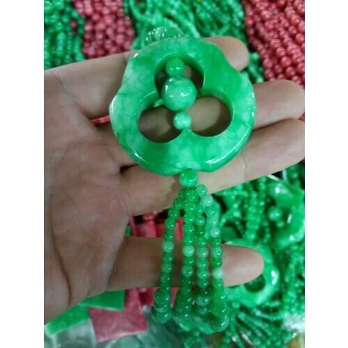 Natural jadeite dry green necklace pendant round bead chain sweater chain AAAAAA Free shipping