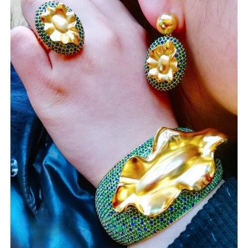 New Red Green Blue Surface Alloy Cuff Dubai Luxury Necklace Wide Bangle Earrings Ring Jewelry Set Wedding High Quality