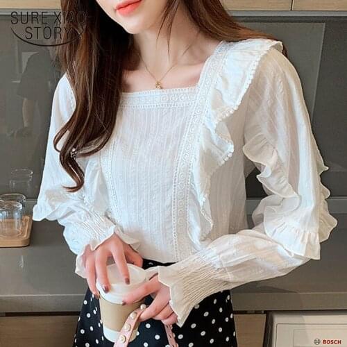 Autumn New Korean Flare Long Sleeve Square Collar Loose White Shirt Ruffles Slim Overalls for Women Vintage Ropa De Mujer 10695