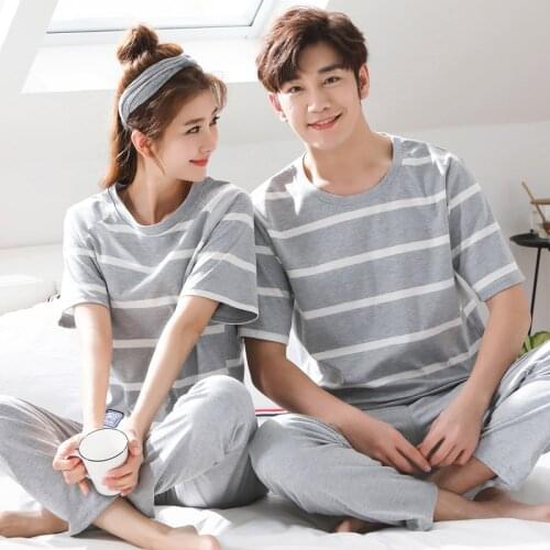 100% Cotton Couple Pajama Sets Short Sleeve Plaid Womens Pajamas Set Casual Indoor Clothing Pyjamas Women Summer Style