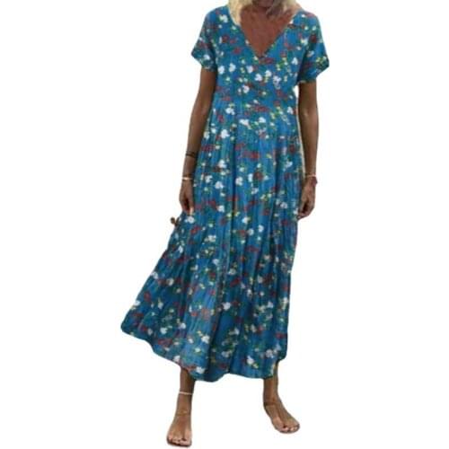 Summer New V-neck Short Sleeve Long Skirt Printed Loose Dress Womens Wear Holiday Vacation Cotton Breathable Beach Dress