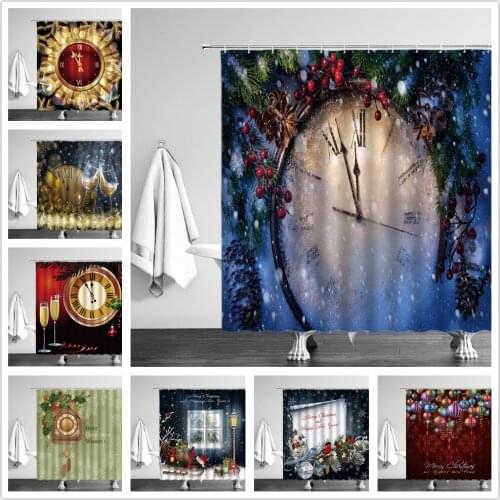 Merry Christmas Decor Shower Curtains New Year Winter Snowy Christmas Clock Bath Curtain Waterproof Moisture-proof With Hooks