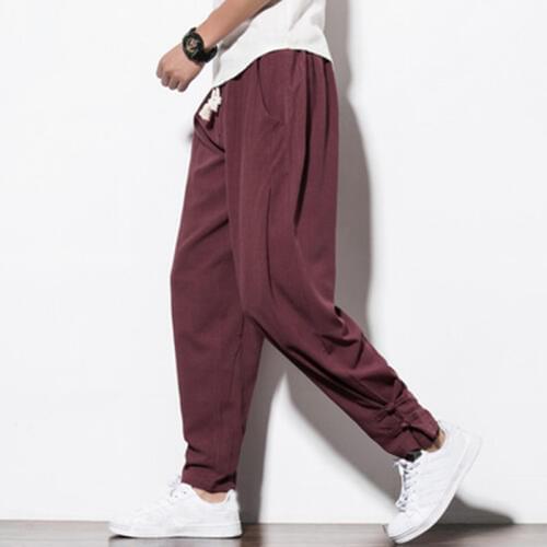 Chinese folk style Harem pants Spring autumn men Cotton linen wide leg pants men Solid color loose lantern pants Beam foot pants