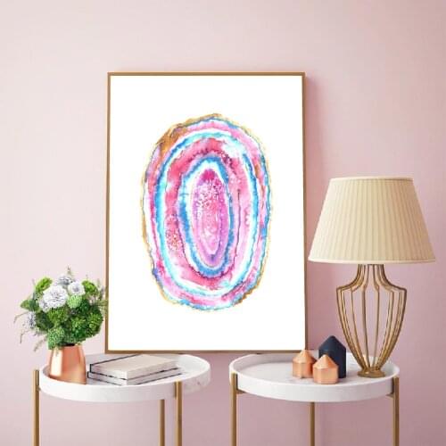 Blue Agate Slice Watercolor Hand Painted Prints Bedroom Wall Art Poster Romantic Decor Pink and Gold Colors Canvas Painting