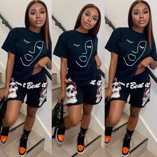 ZKYZWX Aesthetic print 2 Piece Tracksuits Women Overalls Set Long Sleeve t shirt Top Sexy Biker Shorts lounge wear Matching Sets