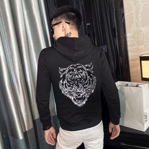 Heavy Industry Sequined Mens Hoodie Delicate Animal Back Pattern Autumn And Winter Brand Hot Drill Oversized Pullover