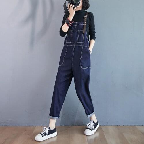 Spring Women Denim Jumpsuit Plus Size Loose Casual Jeans Rompers Women Jumpsuits Casual Dark Blue Straps Wide Leg Denim Overalls