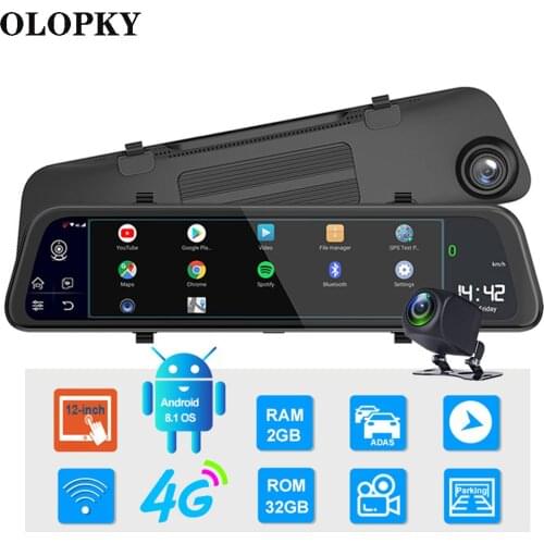 OLPKY 12" Touch 4G ADAS Android 8.1 Mirror Dash Cam GPS Nav WIFI Bluetooth Streaming media HD1080P Rear View Mirror DVR Recorder